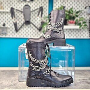 Zara Women Chain Trim Low Heel Leather Ankle Boots Black 3118/610
